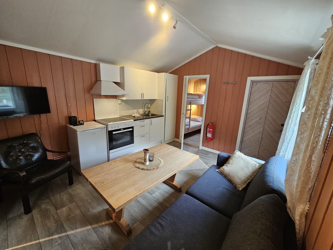 Kitchen in cabin 3 with a cooker, extractor and TV on the wall