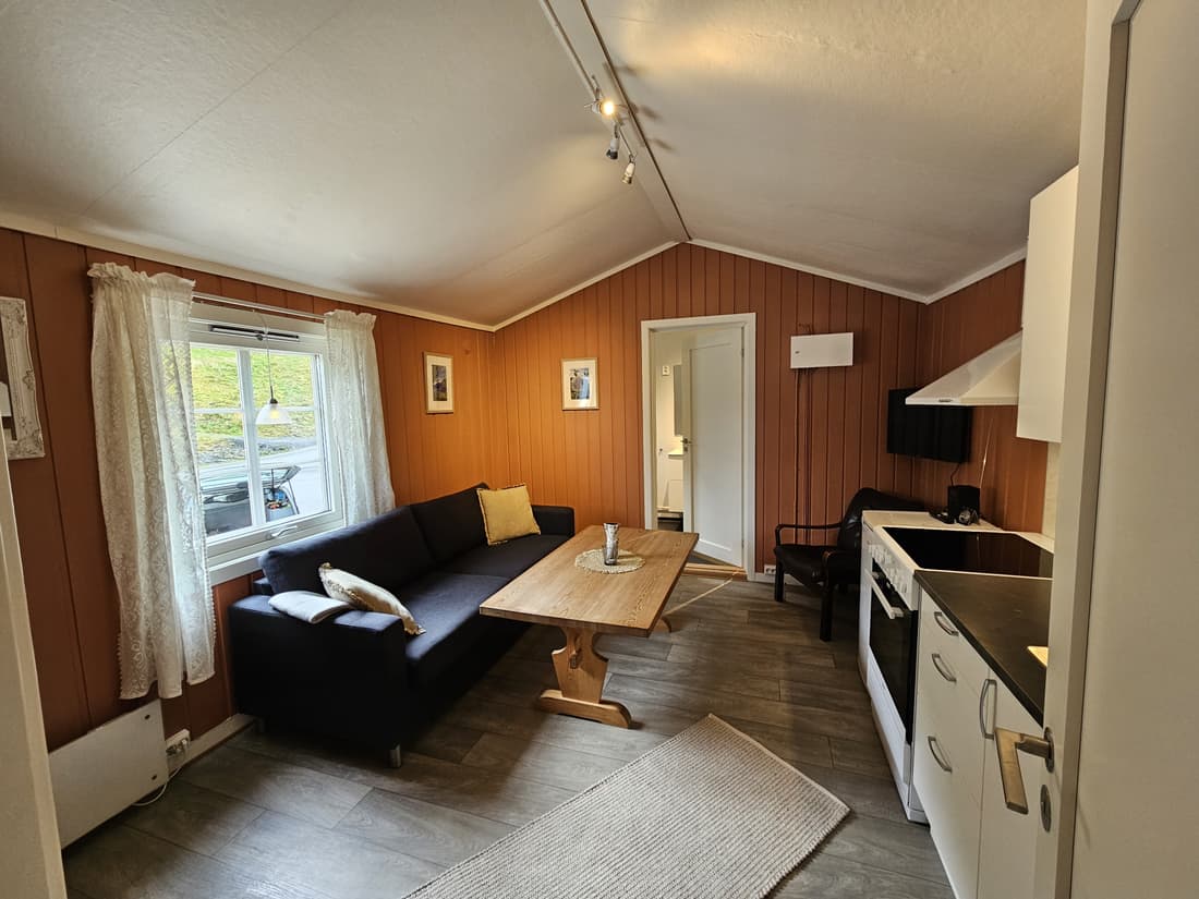 Living room and kitchen in cabin 3 with a window out over the site