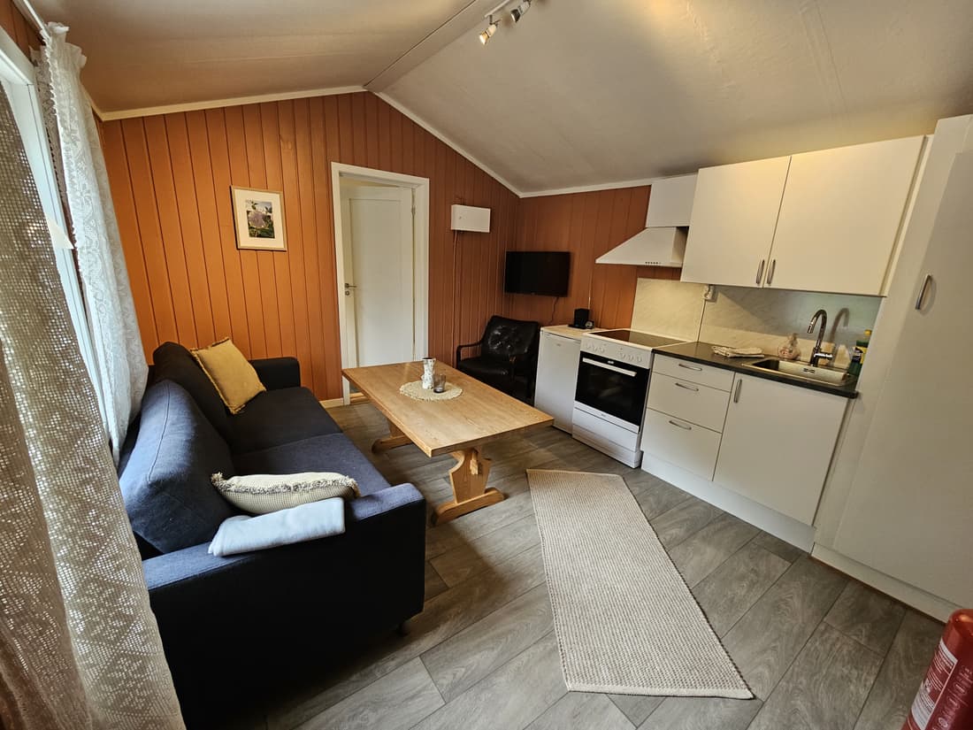 Living room in cabin 3 with a sofa, coffee table and the kitchen behind