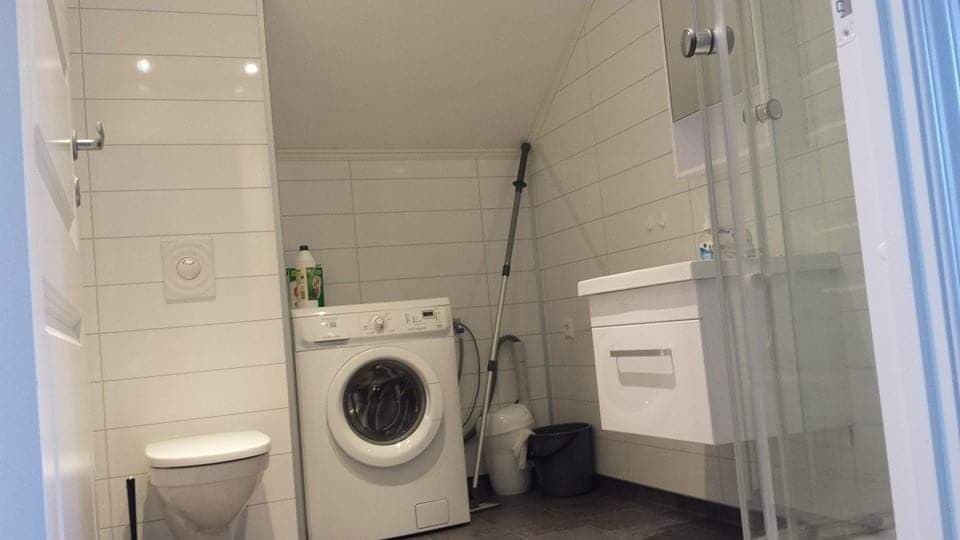 Badet i leiligheten med dusjkabinett, toalett og vaskemaskin
