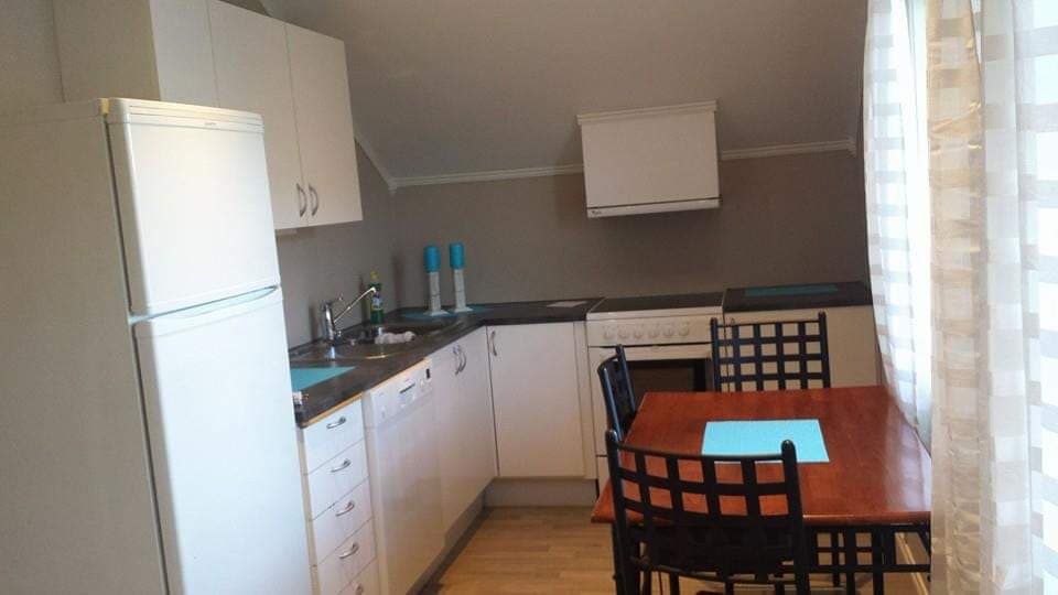 Kjøkkenet i leiligheten med komfyr, kjøleskap og spisebord